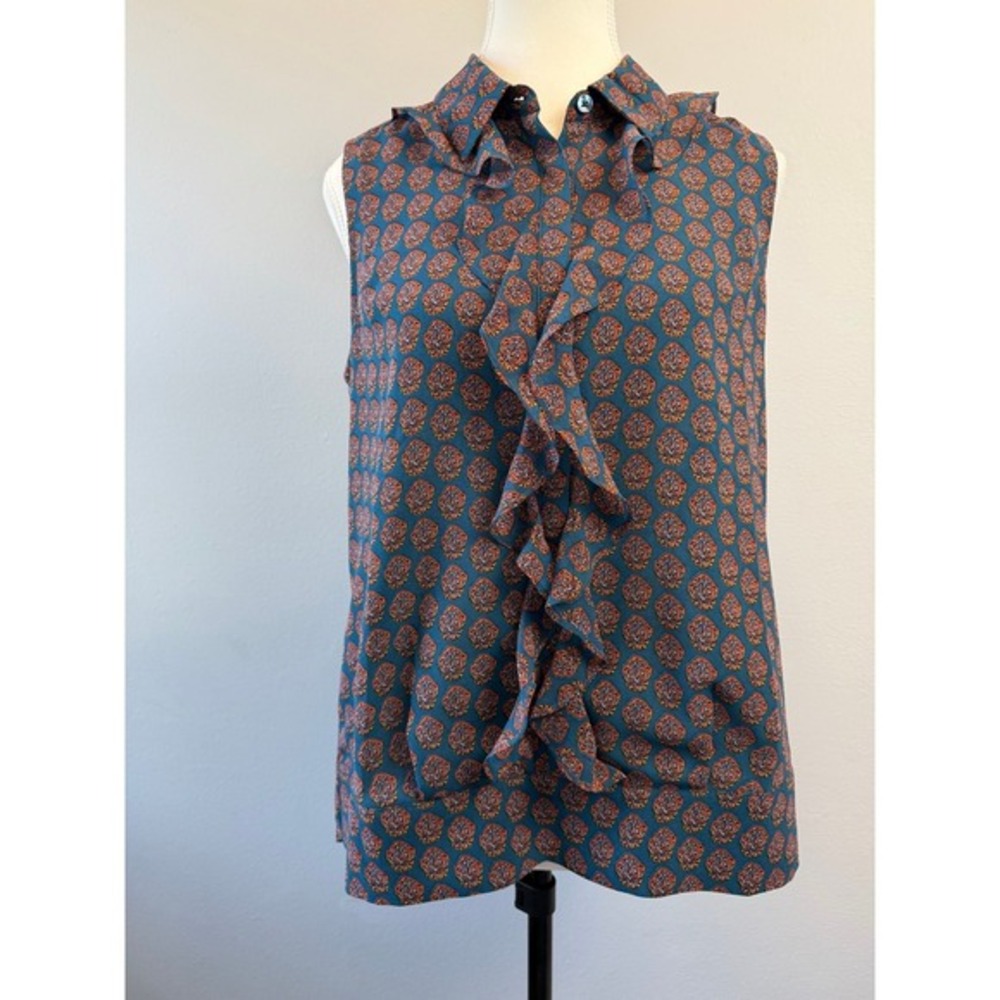 Cabi Sleeveless‎ Ruffle Front Blouse Sz S Blue Orange Geometric Print Career Top